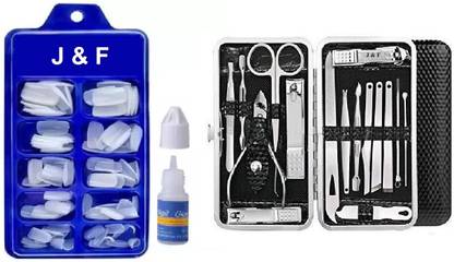 J & F Artificial Gold Finger Nails With Glue & 16 in 1 Manicure Pedicure Tool Kit