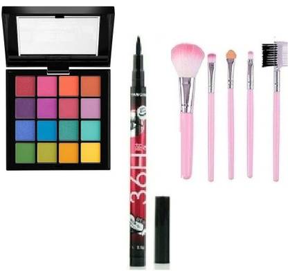 J & F Eyeshadow Palette 16 Color , Waterproof 36h Eyeliner , 5 pc makeup brush