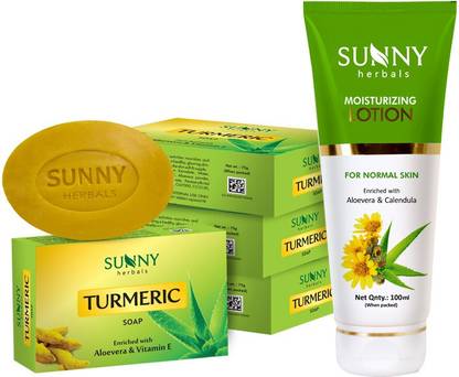 Sunny Herbals Moisturizing Lotion (With Aloevera & Calendula)-100 Ml and Turmeric Soap-75gm x 4