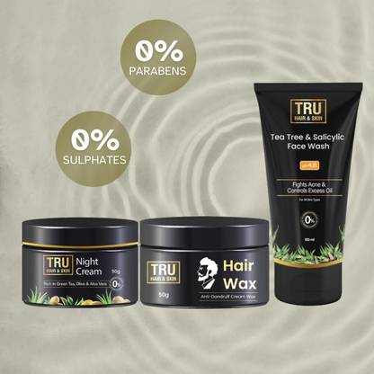 TRU HAIR & SKIN Hydrating Night Cream (50gm), Strong Hold Hair Wax (50gm) & Tea Tree Face Wash (100ml) - 3-Step Care Pack