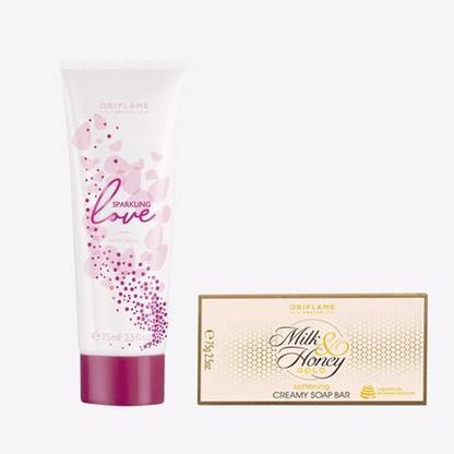 Oriflame Sparkling Love Hand Cream 75 ml with MILK & HONEY GOLD Softening Creamy Soap Bar 100 g