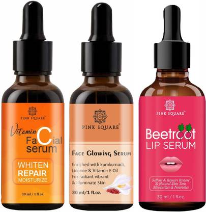 Pink Square Vitamin C Face Serum, Face Glowing Skin Serum & Beetroot Lip Serum (Each,30ml)