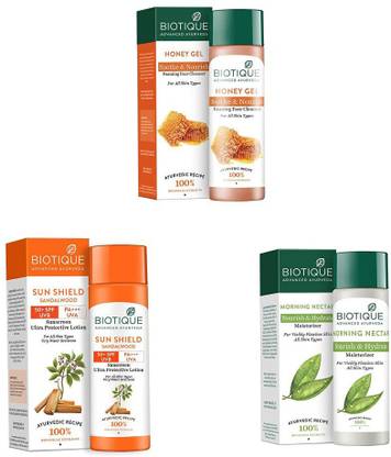 BIOTIQUE Honey Gel Refreshing Foaming Face Cleanser, Morning Nectar Flawless Skin Lotion, Sandalwood 50+ Spf Sunscreen Face Lotion