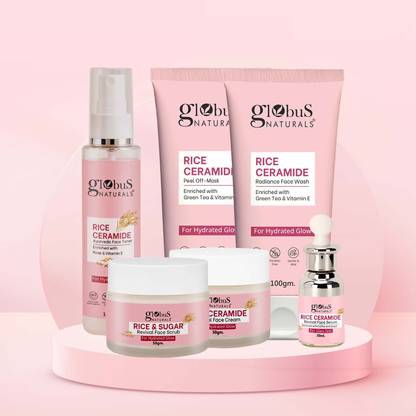 Globus Naturals Ceramide Glow Rice Radiance Combo For Korean Glass Skin Face Wash, Face Cream, Face Serum, Face Toner, Face Scrub, Peel off Mask