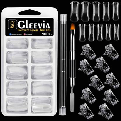 Gleevia Dual Nail Forms Clear for PolyGel Nail Extension 100Tips with Dual-end Gel Brush & 10pcs Nail Clip Manicure Tools for Nail Salon