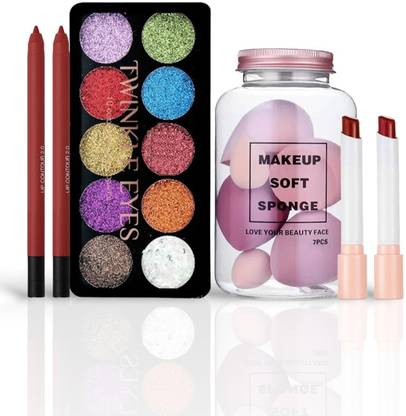 HUDA CRUSH Beauty Makeup Kit For Women, 10Color Glitter Eyeshadow Palette, 7p Blender Sponge Jar, 2p Lipstick, 2P Lip Liner Contour Pencil