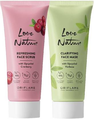 Oriflame Sweden LOVE NATURE Refreshing Face Scrub with Upcycled Cranberry & Clarifying Face Mask with Upcycled Verbena combo