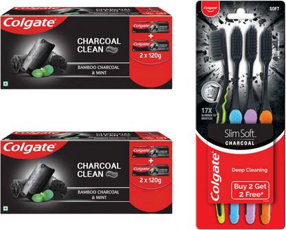 Colgate Charcoal Clean BAMBOO CHARCOAL & MINT TOOTHPASTE(240G*2) & Slimsoft Charcoal Manual Toothbrush for Adults (Buy 2, Get 2 Free)