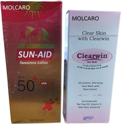 MOLCARO Sunscreen - SPF SPF 50 SUN-AID LOTION SPF 50 & CLEARWIN FACE WASH COMBO