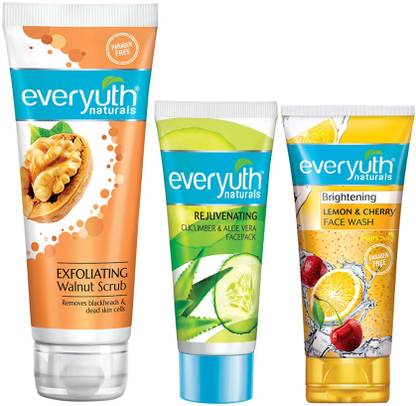 Everyuth Naturals Exfoliting Walnut Scrub (100g), Cucumber & Aloevera Face Pack (50g), Lemon