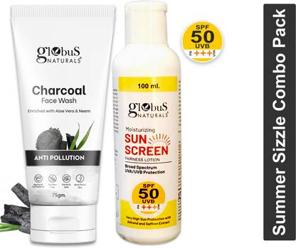 Globus Naturals Summer Sizzle Set - Sunscreen Lotion SPF 50++ 100 ml & Charcoal Face Wash 75 gm