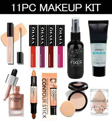 VIVIQ 11Pc Professional Makeup Combo Kit Primer Fixer 4Lipstick Concealer Compact Contour Stick Highlighter Puff