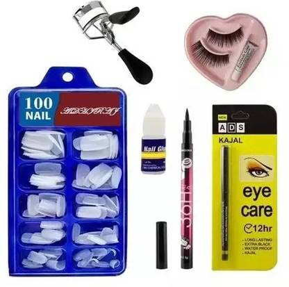 glamblush COMBO OF Beauty Artificial Nails (100), Glue, False Eyelash, Eyeliner, Kajal, Eyelash Curler