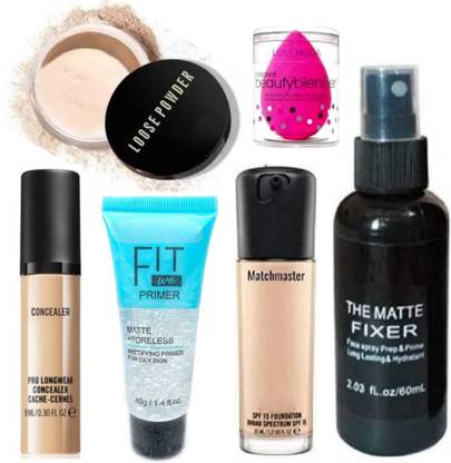 LOVE HUDA Waterproof Face Makeup Combo HD Foundation, Primer, Concealer, Loose Powder, Fixer & Blender