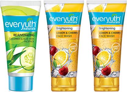 Everyuth Naturals Cucumber & Aloe Vera Face Pack (50g), Lemon & Cherry Face Wash (2X50g)