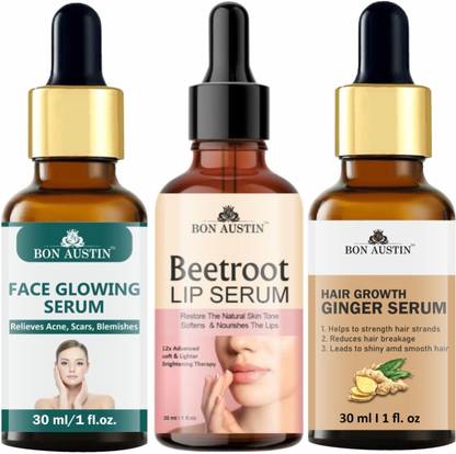 Bon Austin Face Glowing Serum & Beetroot Lip Serum & Hair Growth Ginger Serum - Reduce Hair Fall (Each,30ml)