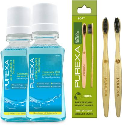 PUREXA Two Antioxidant Mouthrinse Mouthwash Two Bamboo Charcoal Soft Toothbrush