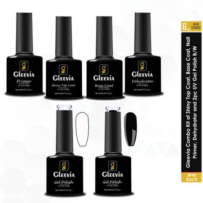 Gleevia Professional Combo Kit of UV Top Coat Glossy, Base Coat, Nail Primer, Dehydrator and 2Pc Gel Polish 8ml Each (Black & White)