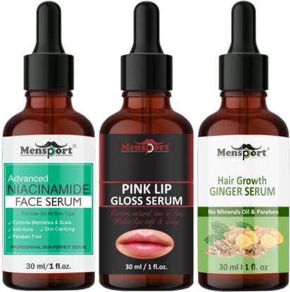 Mensport Advanced Niacinamide Face Serum, Pink Lip Gloss Serum & Hair Growth Ginger Serum (Each, 30ml)