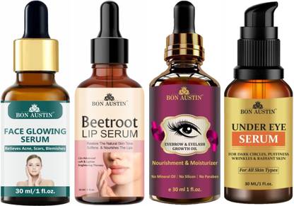 Bon Austin Face Glowing Serum, Beetroot Lip Serum, Eyebrow Growth Oil & Under Eye Serum Combo Pack (Each, 30ml)