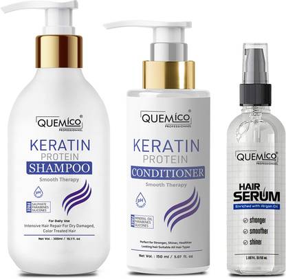 Quemico Professionnel Sulphate Free Keratin Protein Smooth Shampoo and Conditioner Set With Hair Serum | Net Vol - 500ml