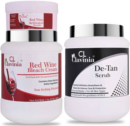 CLAVINIA Red Wine Bleach Cream 1 Kg + De-Tan Scrub 1000 ml