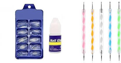 NUARY Artificial Nails,100 pcs with Glue & 5pc coloured Embossing Stylus for Nail Art