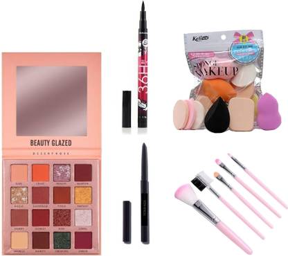 INDIANA HUDA 16 Color Desert Rose Eyeshadow Makeup Palette,5 Pcs Makeup Brush, Family Puff,36H Eyeliner,Black Kajal