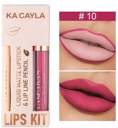 KA CAYLA HANDAIYAN Shade 10 liquid pinkish lipstick set and pencil liner Pigmented, Waterproof and Super matte finish 3.5ml