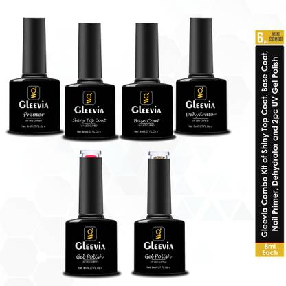 Gleevia Professional Combo Kit of UV Top Coat Glossy, Base Coat, Nail Primer, Dehydrator and 2Pc Gel Polish 8ml Each