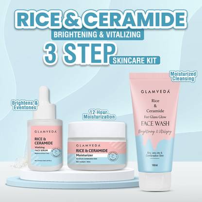 GLAMVEDA Glass Skin Rice & Ceramide 3 Step Daily Skincare Routine For Women | (Face Wash + Moisturizer + Serum )