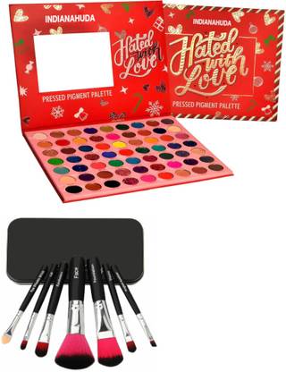 INDIANA HUDA Beauty 63 Color Matte Shimmer Glitter Hated with Love EyeShadow Palette(Red) & 7 Pcs Makeup Brush With Case