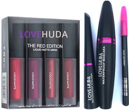 LOVE HUDA Waterproof Makeup Combo Eyeliner, Mascara & Eyebrow Pencil With Matte Minis Red Lipstick