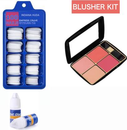 INDIANA HUDA 100 Pcs Reusable Acrylic False Nails With Nails Glue & SP 4IN1 Blusher For Face Makeup