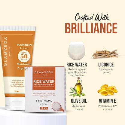 GLAMVEDA Rice Water Brightening Facial Kit & hybrid Sunscreen Combo For Briightening , Tan