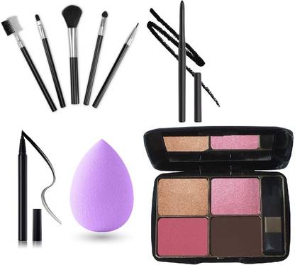 BLUEMERMAID NEW LOOK BLACK EYELINER+BLACK CRAYON+ MAKEUP BRUSHES+MAKEUP BLENDER+ BLUSH PALETTE COMBO