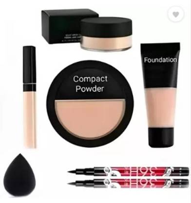 Mcmillan Professional Makeup Combo Kit Concealer, Loose Powder, 2pc 36H Liquid Eyeliner, Puff, Foundation, Compact,