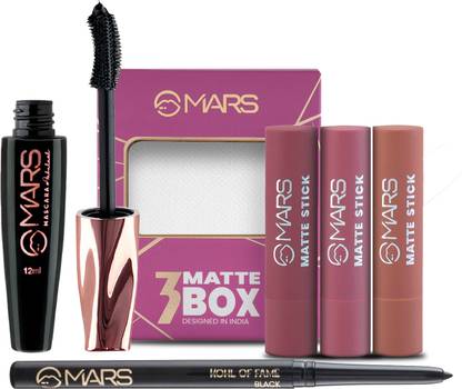 MARS Combo Of Peach and Nude Matte Lipstick Box With Ultra Curl Long Lasting Fabulash Mascara and Smudge Proof Kajal