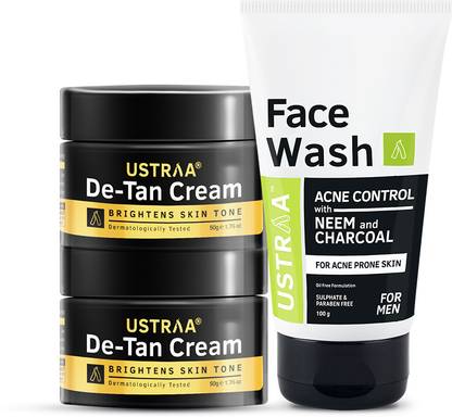 USTRAA Face Wash Neem & Charcoal & De-Tan Cream - Set of 2 - Effective Tan Removal
