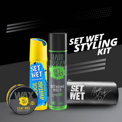 SET WET Mens Styling Kit-Deodorant(150ml),Clay Hair Wax(60g),Hair Spray(200ml) & Pouch Deodorant Spray – For Men  (410 ml, Pack of 4) at Rs. 349