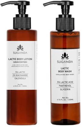 SUGANDA SKINCARE Lactic Body Lotion Unscented (200ml) with 2 in 1 Hydrating and Exfoliating Lactic Body Wash (200ml)