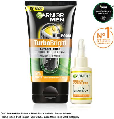 Garnier Men Brightening Duo - Turbo Bright Face Wash 150g + Vit C Serum 8ml