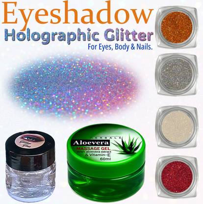 VOZWA Eyeshadow Hologrpaic Glitter (4 Colors) + 1 Bottle of glitter-glue and Aloe vera