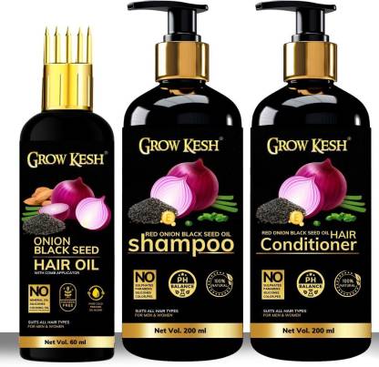 Growkesh Red Onion Black Seed Oil Hair Care Kit (Shampoo + Hair Conditioner + Hair Oil)