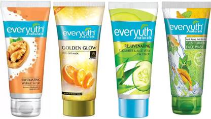 Everyuth Naturals Walnut Scrub + Peel Off Mask + Cucumber & Aloevera Face Pack + Tulsi Face Wash (4X50g)