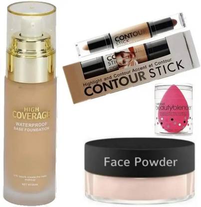 huda.bb Professional Makeup Combo Waterproof High Coverage Foundation, 2 In 1 Concealer, Loose Face Powder