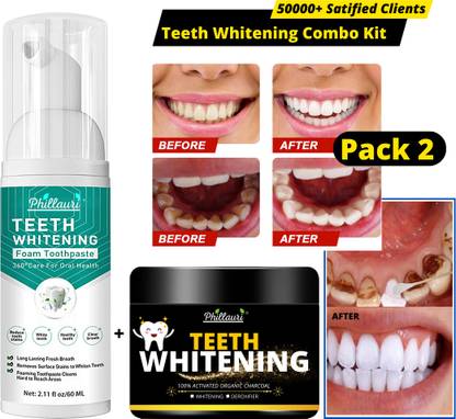 Phillauri Teeth whitening Foam & Charcoal Powder Combo kit Ultra-fine Deeply Clean Gums Intensive Stain Removal