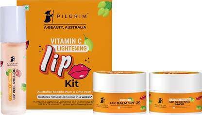 Pilgrim Vitamin C Lip Lightening Kit with Lip Peel Roll on, Lip Sleeping Mask & Lip Balm