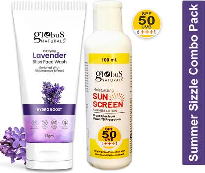 Globus Naturals Summer Sizzle Set - Sunscreen Lotion SPF 50++ 100 ml & Lavender Face Wash 75 gm