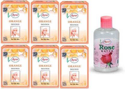 Ayur Herbals Orange Face Pack, 25g (Pack of 6) + 1 Rose Water
